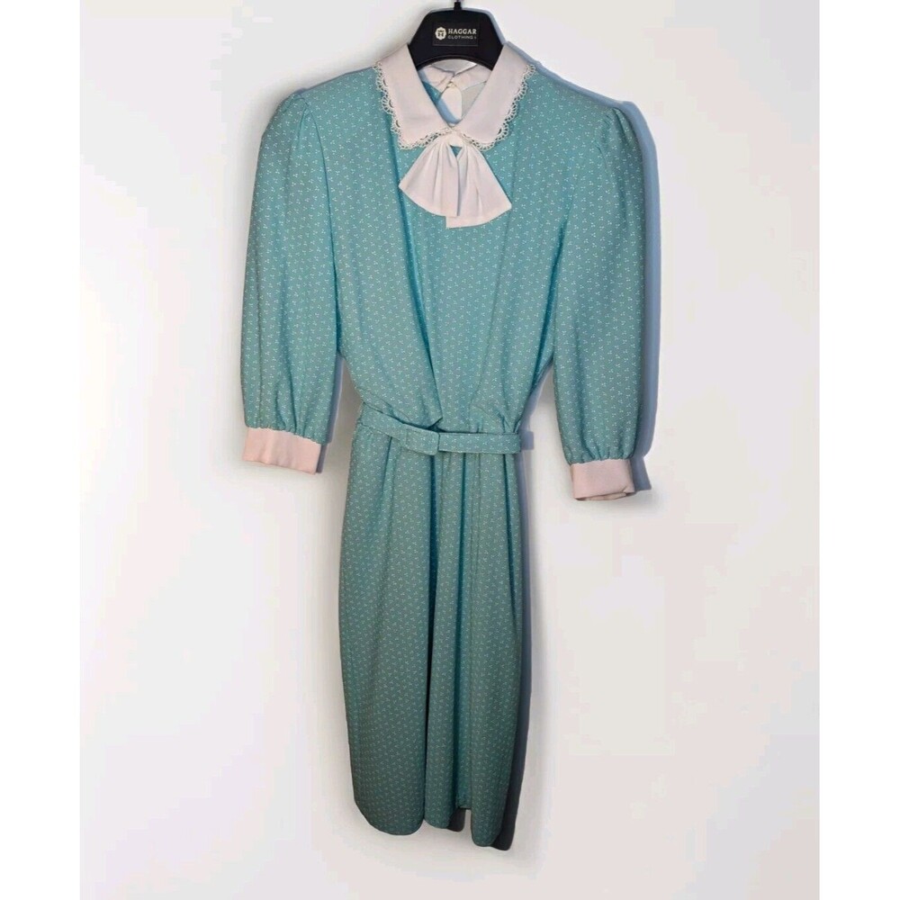 Vintage TJunior Elastic Waist Belted Prairie Dress Shoulderpad Blue Lace Collar